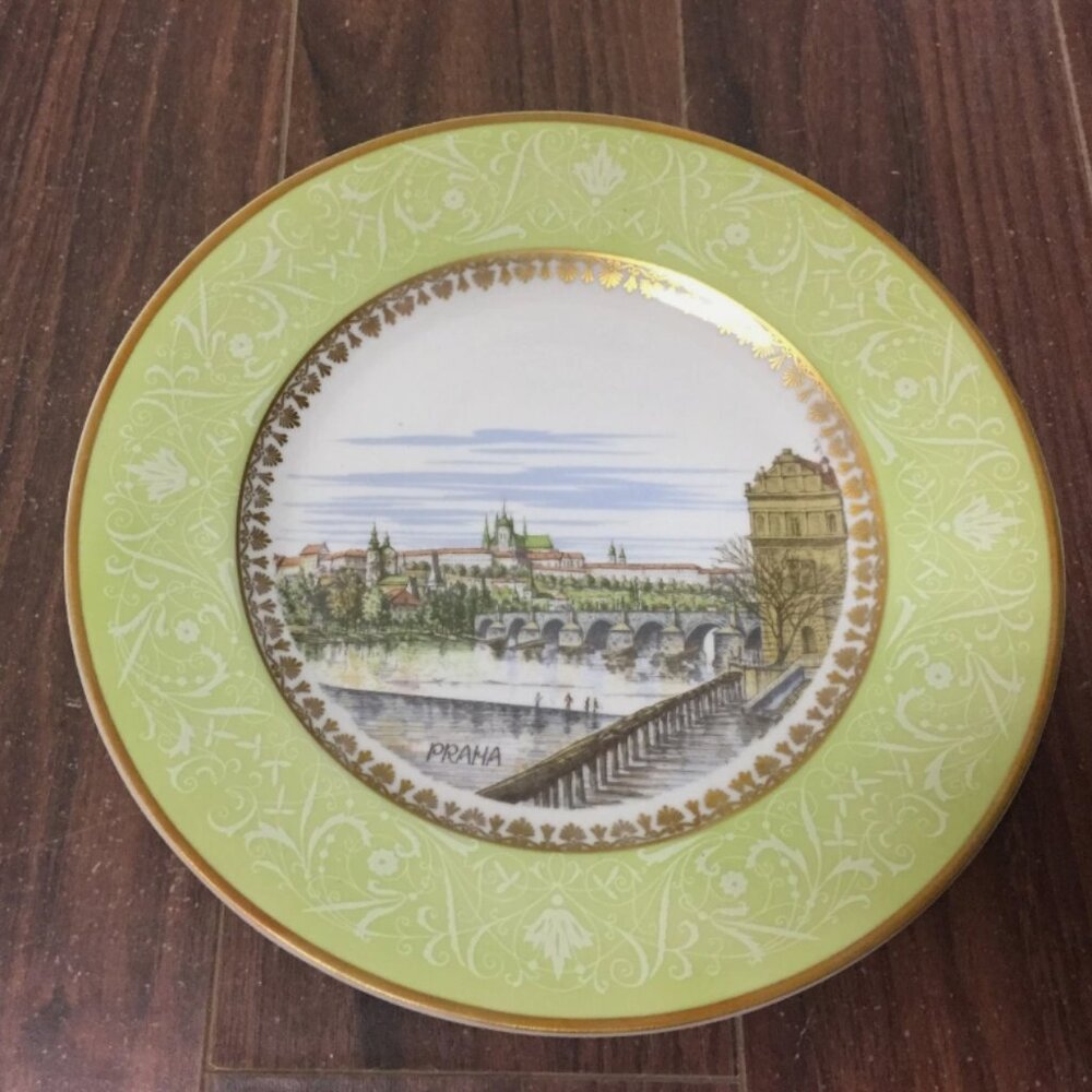 Vtg Czechoslovakia Pirken Hammer Prague Charles Bridge Picture Plate 24 Kt Gold